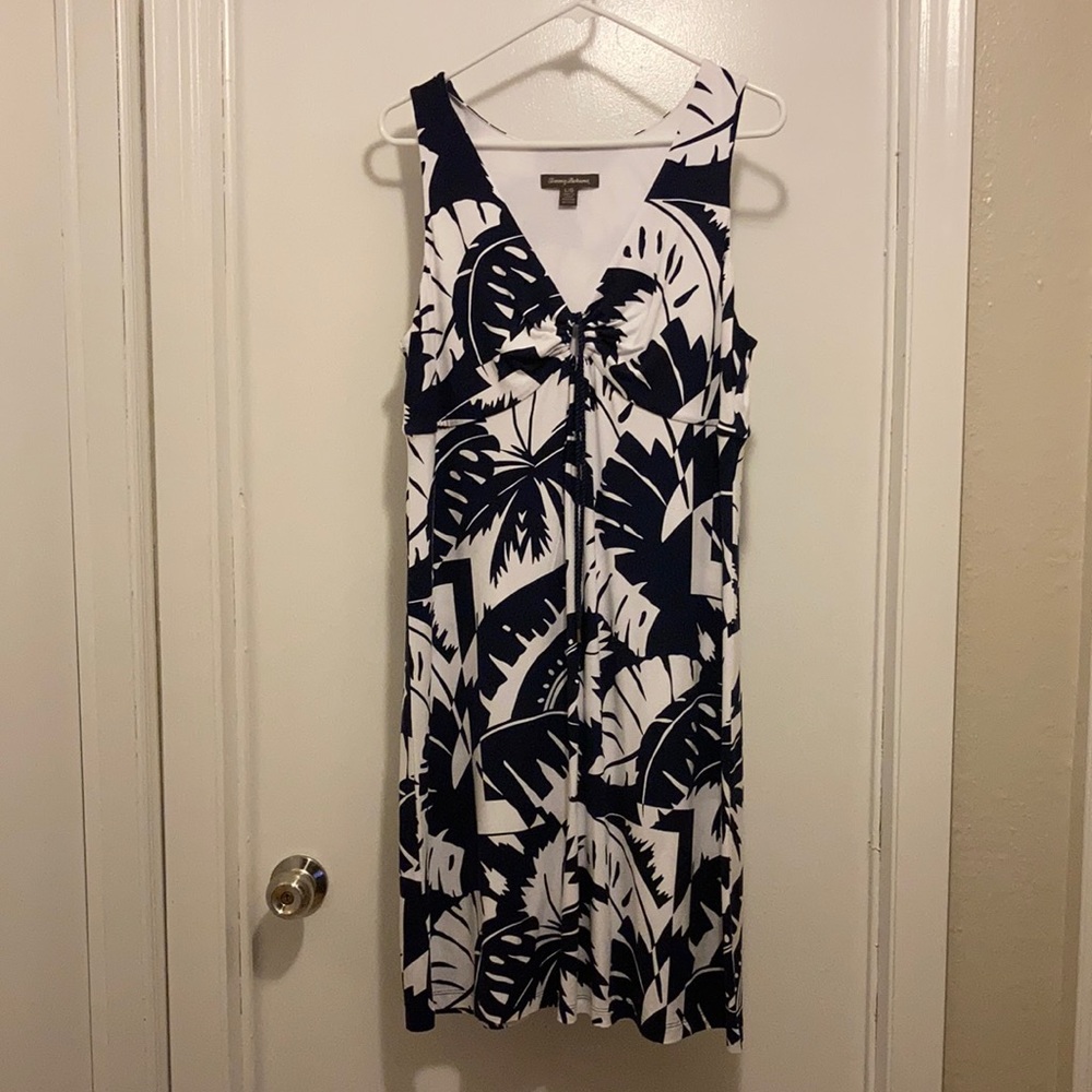 Navy and white sundress.  Made of polyester.
